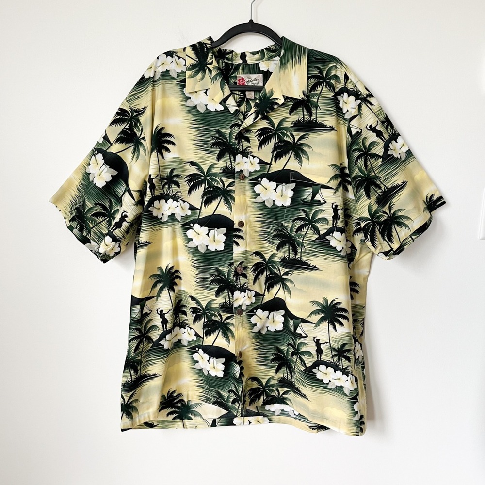 Hilo Hattie Mens Hawaiian Shirt 2XL Yellow‎ Green Palm Print